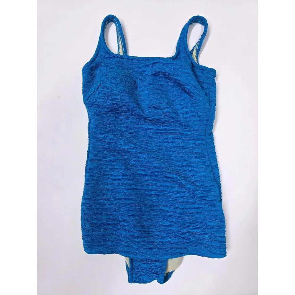 Vintage Blue Textured Crinkle One Piece Swimsuit Size 12 73080M‎